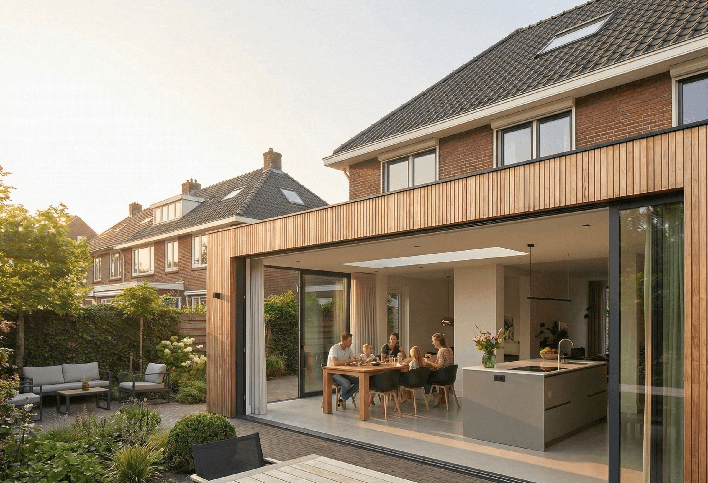 Moderne aanbouw met houten gevel en glazen pui aan een woning